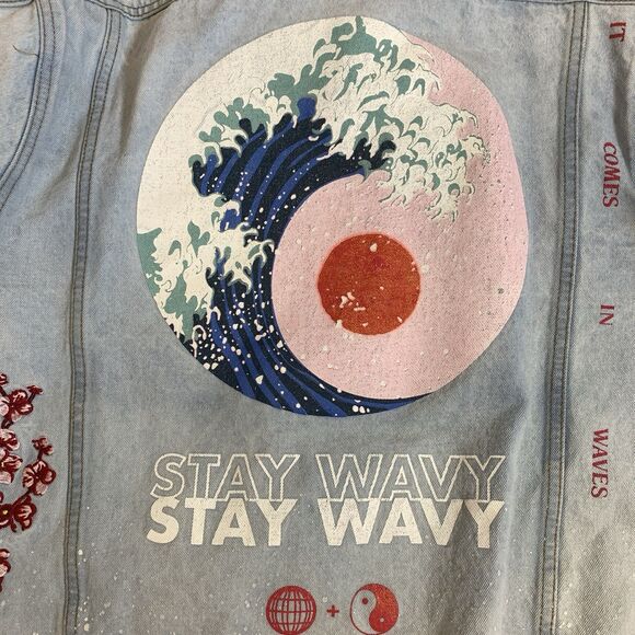 Brooklyn Cloth Graphic Denim Jacket Stay Wavy Womens L Streetwear - Picture 8 of 12